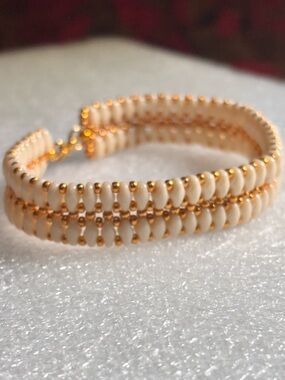 Handmade Gold and Cream Beaded Double-Strand Bracelet 7 inches